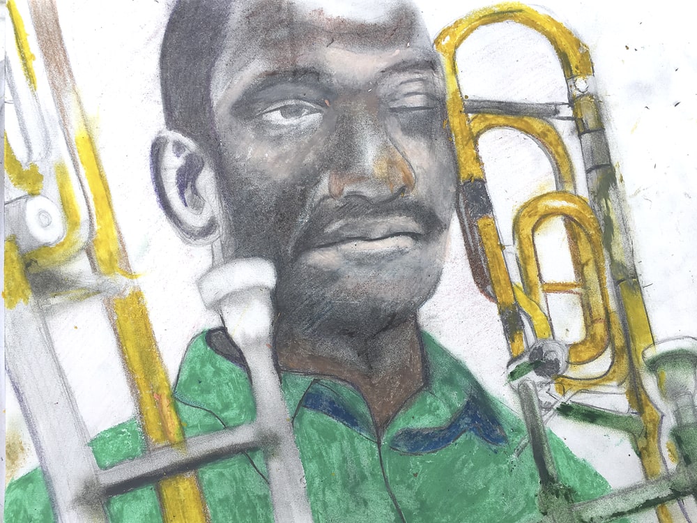 a.c. evans, art, sketchgang, a sketch of a man a trombone